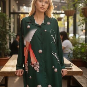 NT by Amati Italian Oversized Dark Green Printed  Tunic/Dress Shirt